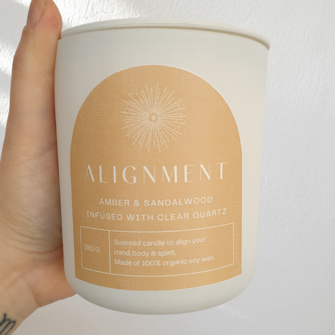 Amber & Sandalwood Alignment Candle infused with Clear Quartz