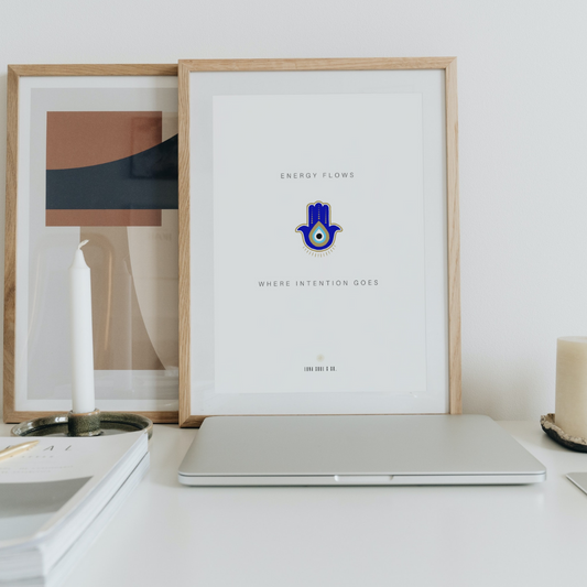 Energy Flows Where Intention Goes - Blue Hamsa Hand